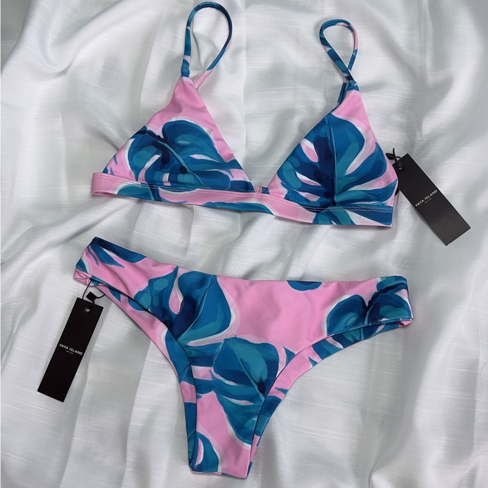 Pink and Blue Tropical Leaf Bikini Set